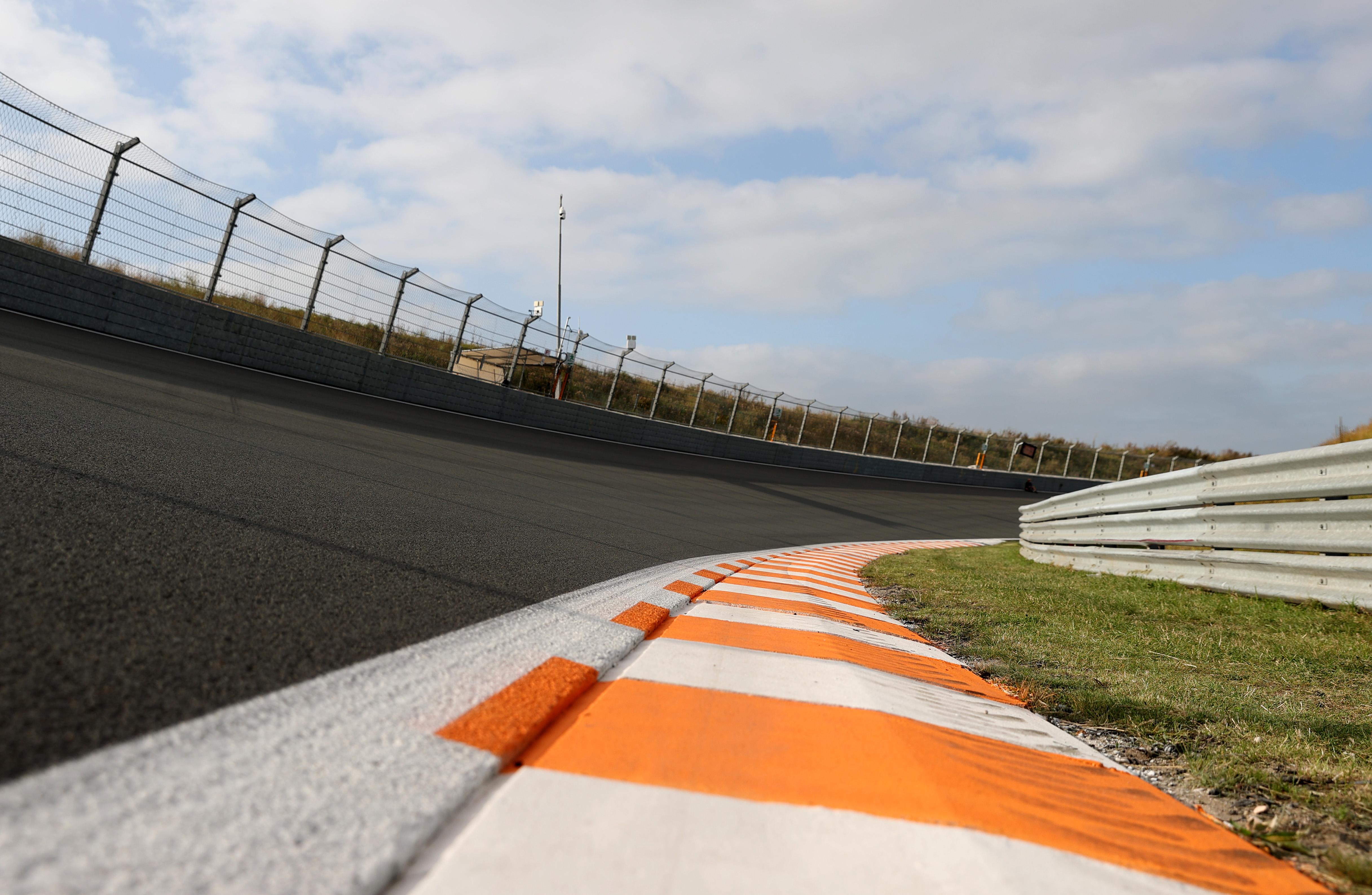 A racetrack with a steeply banked turn.